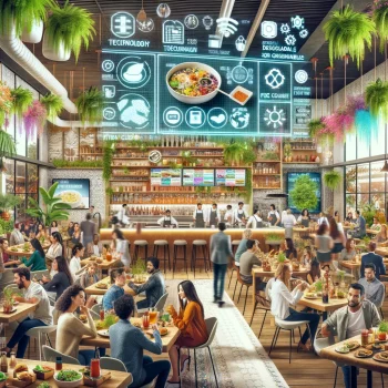 2023 restaurant industry trends, featuring a bustling, modern fast-casual restaurant interior filled with diverse cust