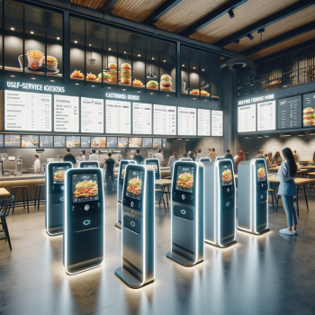 A bustling fast food environment showcasing a modern and sleek design with self-service kiosks. The kiosks are prominent, with user-friendly interface