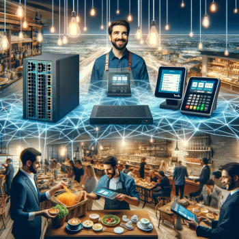 2024-01-21 19.15.44 - Create an image that represents the integration of advanced networking technology and modern POS systems in a restaurant setting. Show a busy restaura