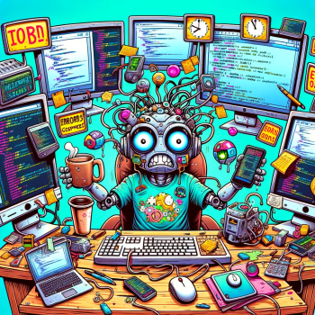 2024-01-21 19.55.50 - A comical cartoon-style image representing a robot sitting at a desk, overwhelmed by multiple screens displaying error messages, coding scripts, and d