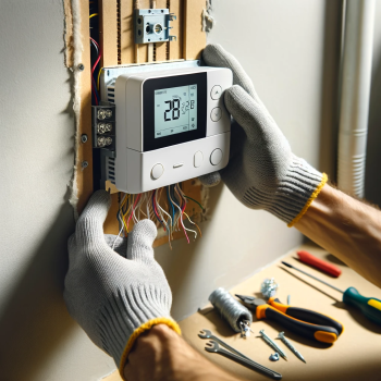 2024-01-26 17.43.04 - A digital thermostat being installed on a wall. The image shows a person's hands wearing gloves, holding the digital thermostat near a wall. There are