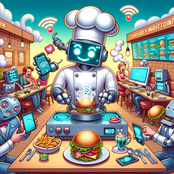 2024-01-27 19.41.51 - A humorous cartoon illustration showcasing a fusion of technology and a restaurant. In the center, there's a robot chef cooking with digital pots and