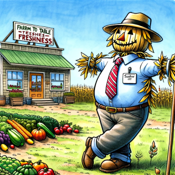 2024-01-27 19.55.10 - A humorous cartoon illustration of a scarecrow dressed as a restaurant manager, standing proudly in a field next to a restaurant. The scarecrow is wea