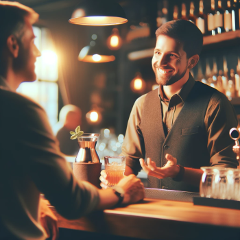 A cozy bar scene with a bartender interacting with a customer, emphasizing a warm, welcoming atmosphere. The bartender is smiling and engaging in conv