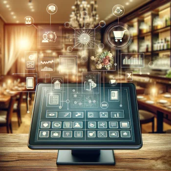 Create an image that visually represents a modern, sophisticated restaurant POS system, showcasing a sleek touchscreen interface with icons for variou